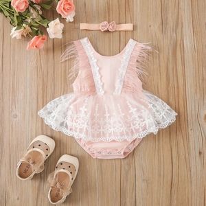 First Birthday / Cake Smash Bohemian Lace  & Feathers White Pink Romper Dress